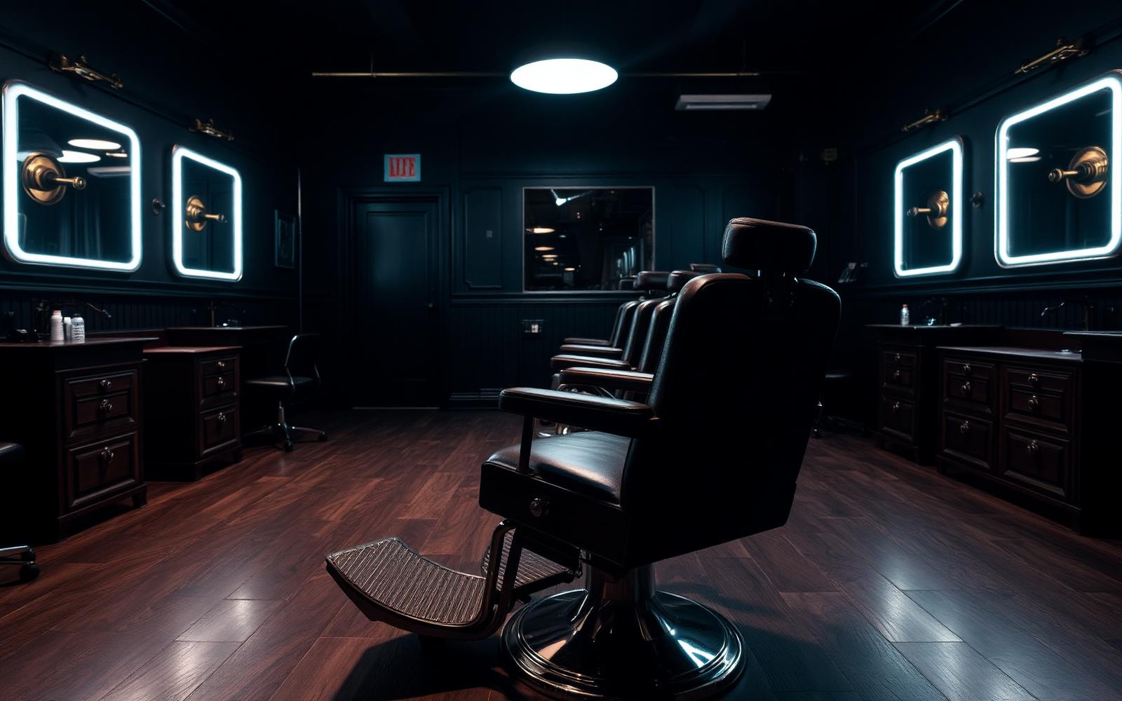 Dark barbershop interior with a leather chair and brass fittings