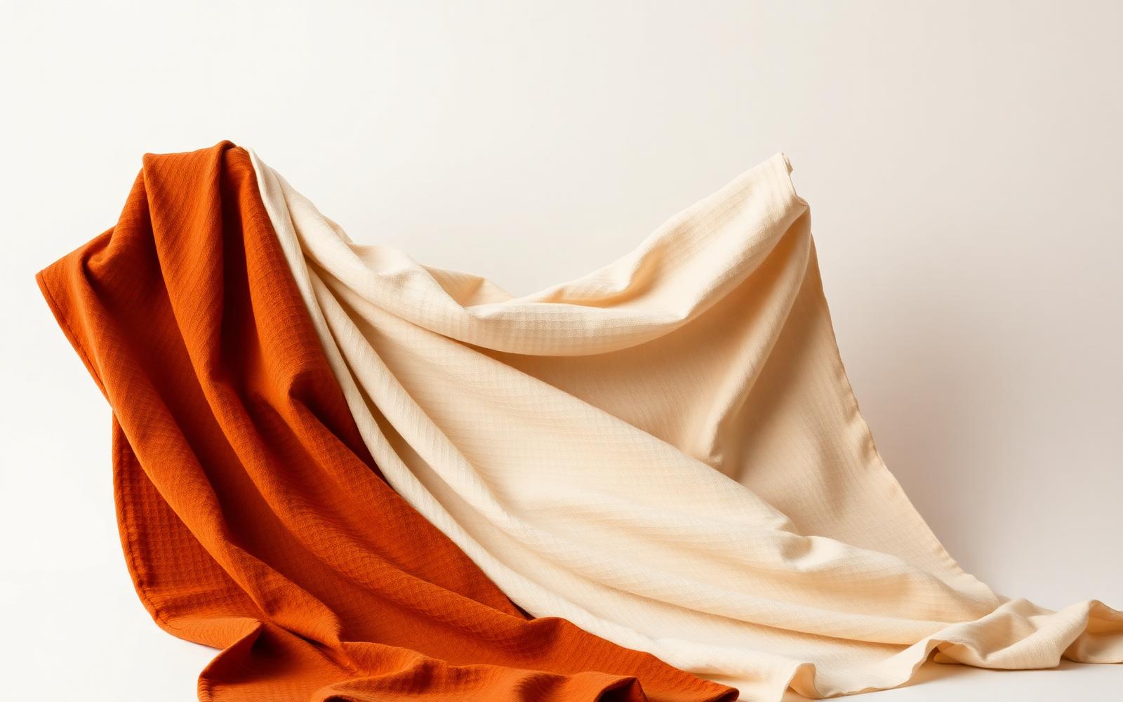 Draped cream and rust coloured fabrics arranged in a studio