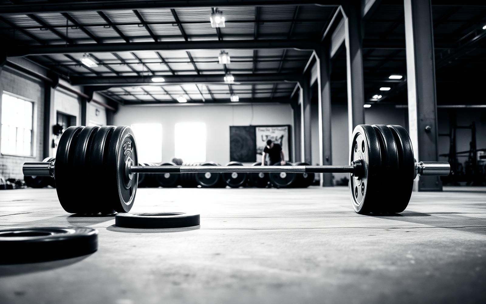 Loaded barbell resting on the concrete floor of an industrial gym