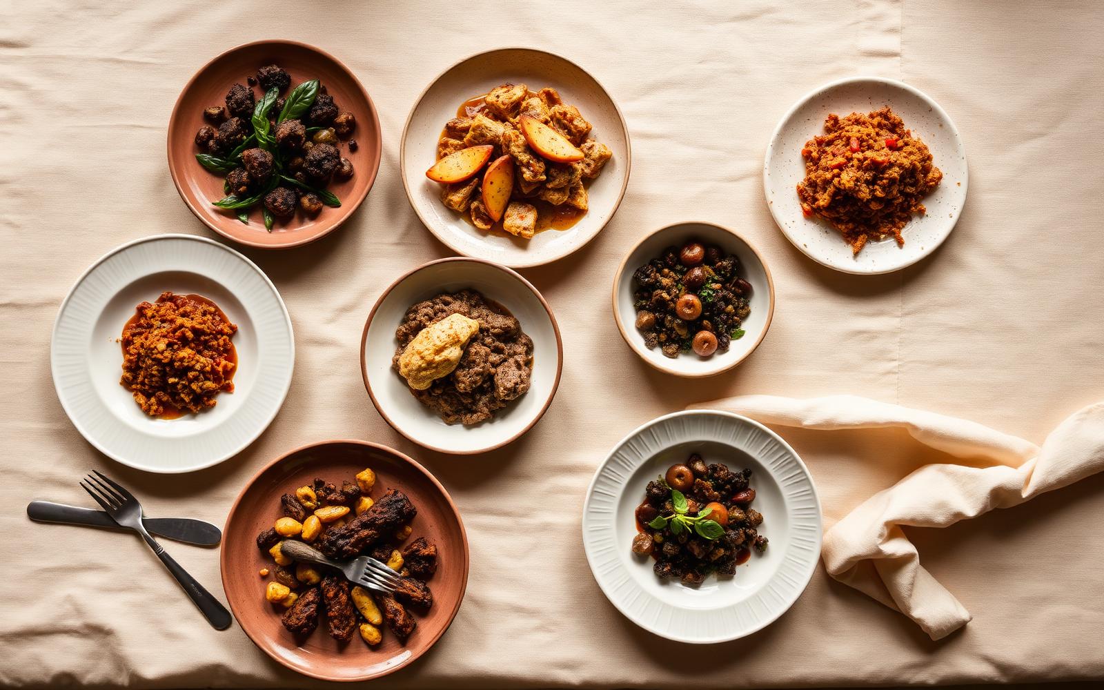 Overhead view of a table set with contemporary Kenyan dishes on ceramic plates