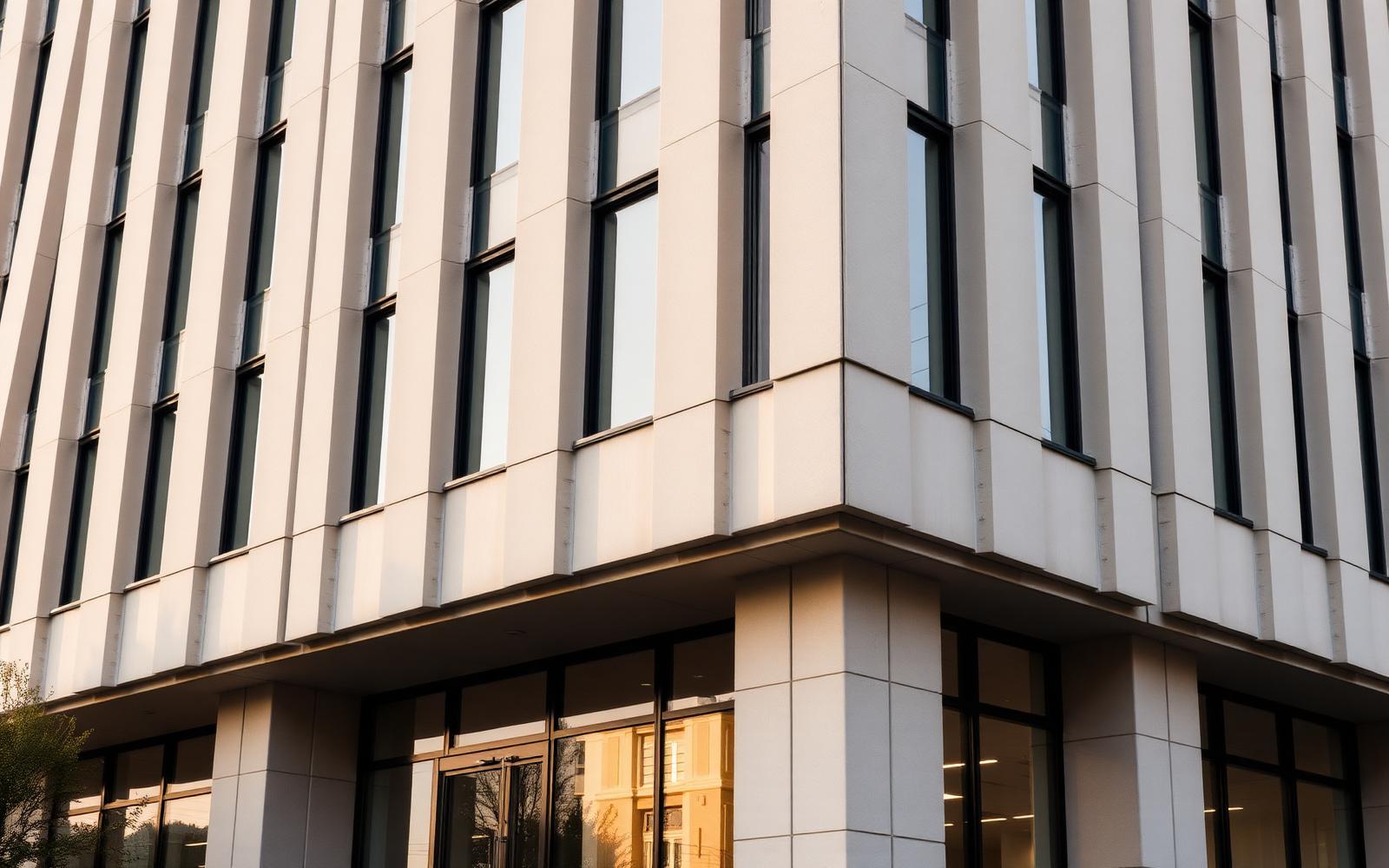 Corner of a modern office building facade in warm daylight